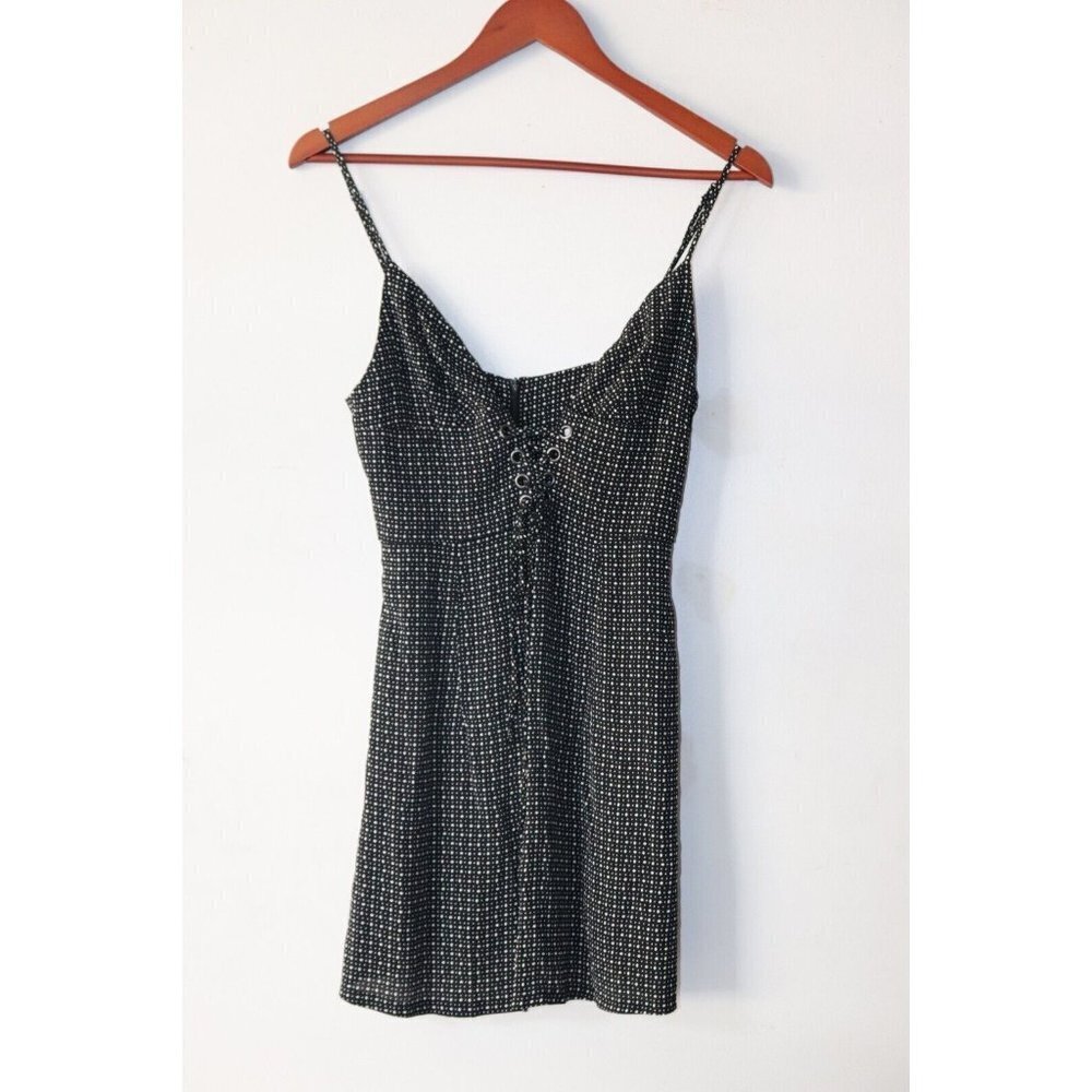 Blue Life Women's Size Small Black Slip Dress Lace-Up Polka-Dot Crepe Mini Dress